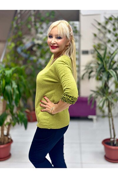 Punta Otantik Nc218181 Round Neck Knitwear with Leopard Inside Large Size Blouse Pistachio