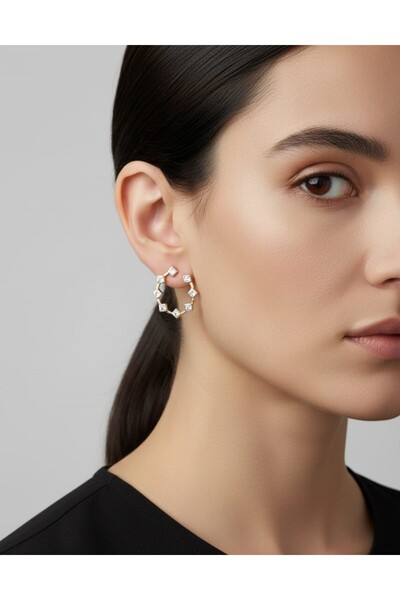 FASHİON JEWELRY حلق فولاذي من BİLGE TAKI بتصميم ثماني الأضلاع مرصع بالأحجار ا...