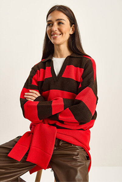 Bianco Lucci Pulover tricotat cu guler polo cu dungi pentru femei TK251122 60283700