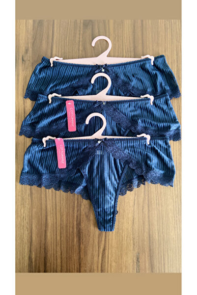 Zi 3 قطع في عبوة واحدة سراويل داخلية نسائية بتفاصيل حجرية وخطوط زرقاء داكنة