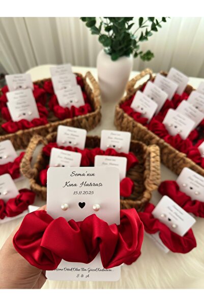MutluAnHediyeleri Saten kırmızı toka ve küpe kına hediyeliği (10 adet)