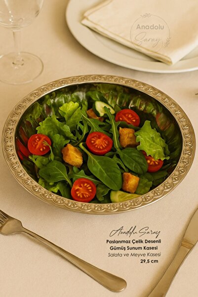 Anadolu Saray Stainless Steel 29.5 cm Patterned Silver Fruit Bowl Salad and Presentation Bowl - 1 Piece