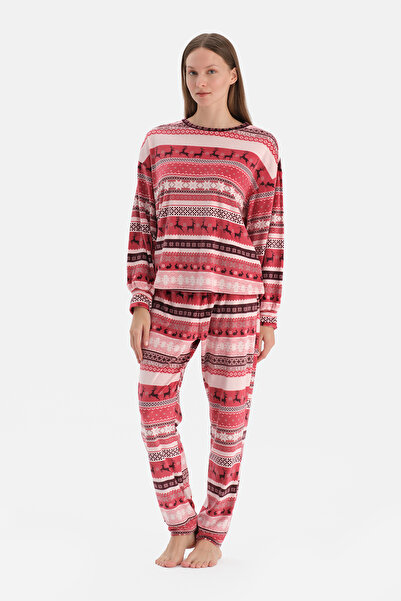 Dagi Red Printed Velvet T-Shirt Pants Pajama Set