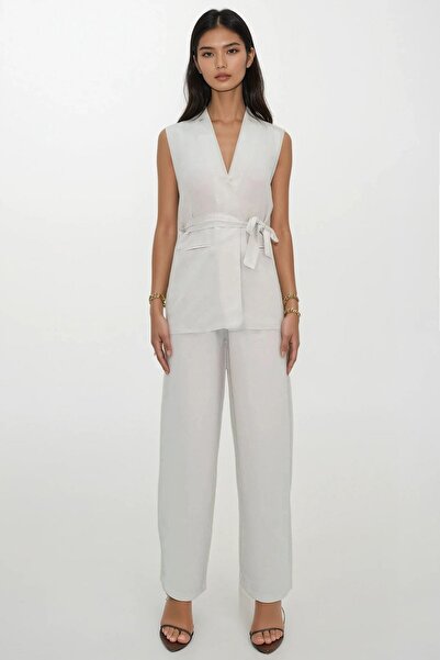 Trend Alaçatı Stili Women's Cream Double Pocket Tie-Up Linen Pants Vest Suit Alc-X14064