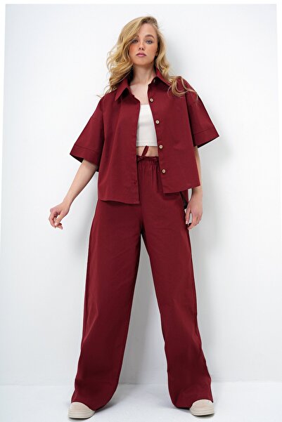 Trend Alaçatı Stili Women's Burgundy Linen Shirt and Palazzo Pants Set Alc-X13948