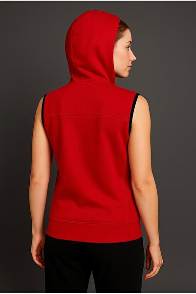 AXXEL Women's Red Zippered Hooded Kangaroo Pocket Sleeveless Vest-Y1142-K
