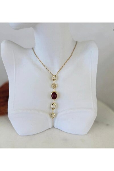 staınless steel Gold Taşlı Bordo Y Kolye