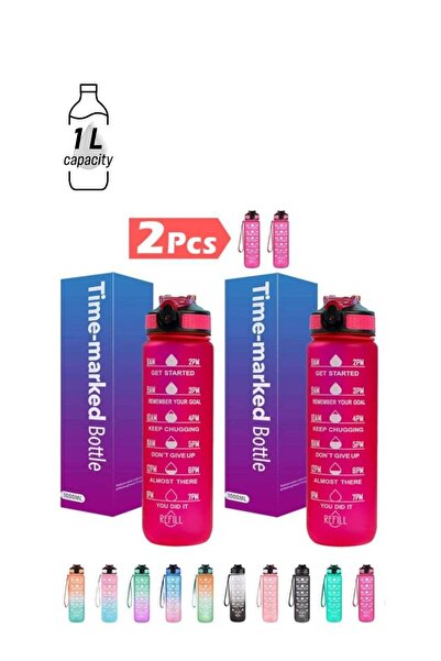Modern home 2Pc Sport Water Bottle 1L (32oz) Motivational Time Marker Straw Tritan BPA-Free