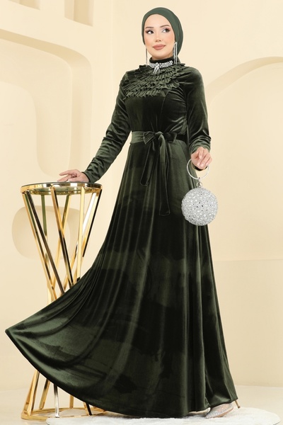 ModaMerve Yakası Taşlı Kadife Abiye Elbise 2048MEY846-MS Haki