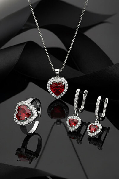 Roza Silver 925 Ayar Lal Taşlı Rodyum Pırlanta Işıltılı Kalp 3'lü Gümüş Set-T...