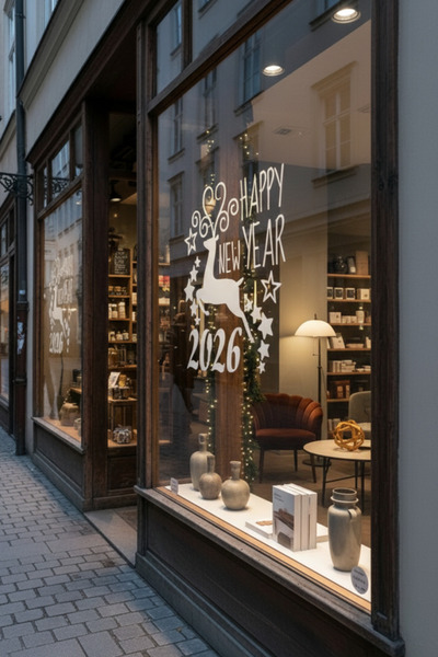 MIGNATIS 2026 Happy New Year Deer Window Sticker – Christmas Decoration for Shop & Home Glass