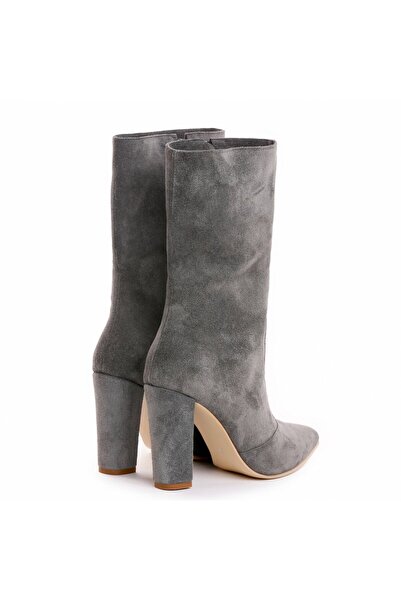 Vanilla Days Teo Grey Suede Leather Boots with Block Heel - 9cm