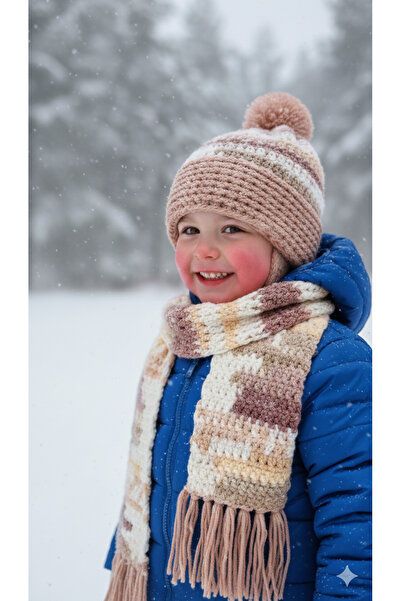 Yalçınoğlu Kids Hand Knitted Wool Children's Scarf Beanie Set |   3-8 Years Old |   Handmade Winter Set |   Warm Holder Winter Set I