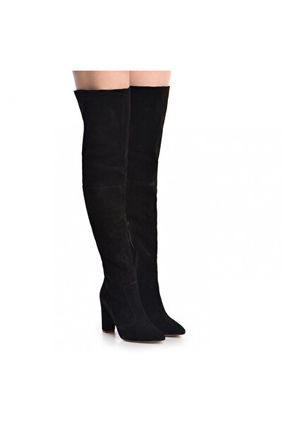 Vanilla Days Cizme lungi Gloria negre din piele întoarsă cu toc bloc
