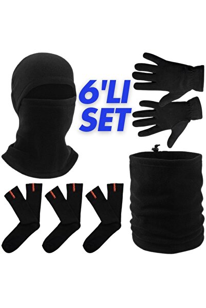 AXE SPORTSWEAR Men's Black Winter 3 Pairs of Terry Socks - Fleece Beanie - Fleece Drawstring Neck Gaiter - Fleece Gloves - Set of 6