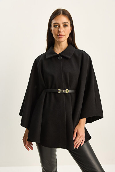 Bianco Lucci Women's Collared Single Button Detailed Belted Cashmere Poncho 9170 60283812