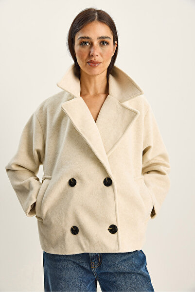 Bianco Lucci Women's Double-Breasted Collar Pocket Detailed Lined Cashmere Jacket Coat 2061 60283813