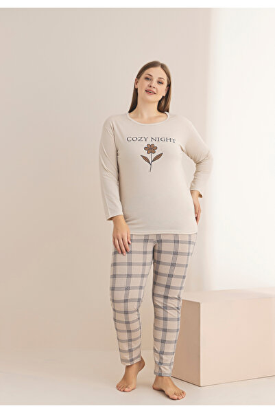 Serena Big Size beige women's pajamas with long sleeves and long pants, "Cozy Night" print
