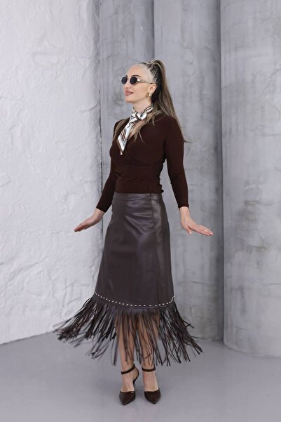 BRGCLOTHING Fusta lungă din piele cu ciucuri
