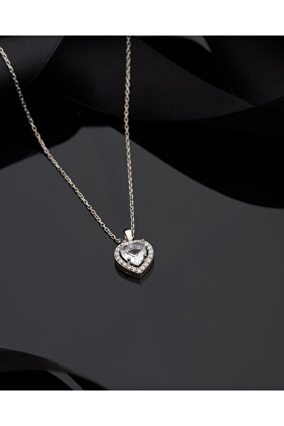 Roza Silver 925 Ayar Zirkon Taşlı Rodyum Pırlanta Görünümlü Kalp Gümüş Kolye