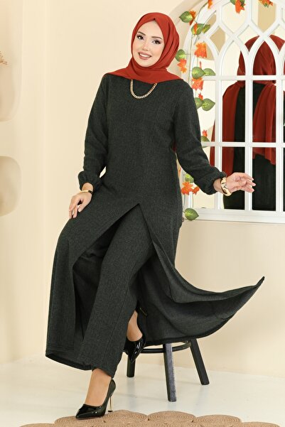 ModaMerve Yırtmaç Detaylı Balıksırtı Takım 24003UKBK1160-MS Haki