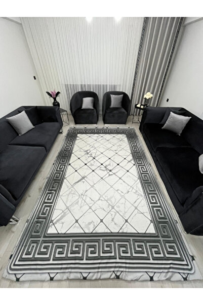 BGV HOME Marble Pattern Greek Motif Carpet Cover Gray White *Elastic and Sponge Non-Slip Base Washable*