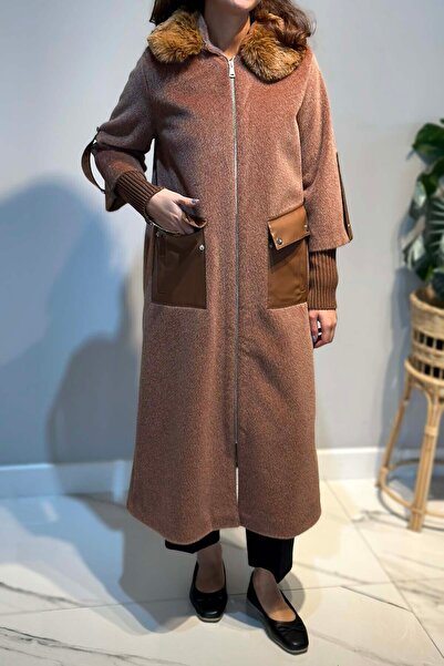 Lale Butik Leather Pocket Detail Fur Coat 2596 Camel