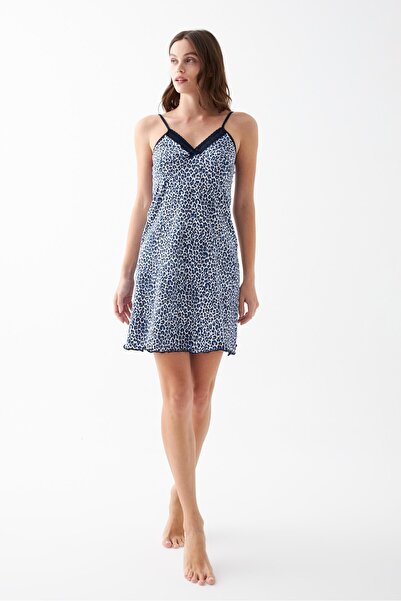 Akbeniz Women's Blue Leopard Patterned Lace Detailed String Strap Nightgown