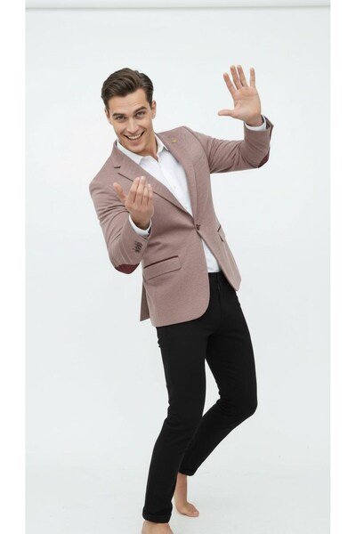 Plus Scorpion Light Pink Men's Italian Cut Blazer Jacket – Sleeve Patched, S Slim Fit Stylish and Modern Tasa