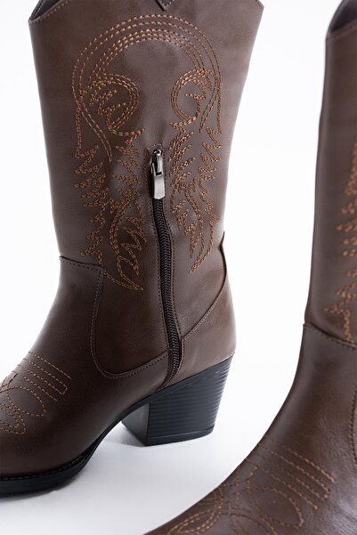 Moda Pie Vesnar Nakışlı Western Kovboy Topuklu Bot Kahve Cilt