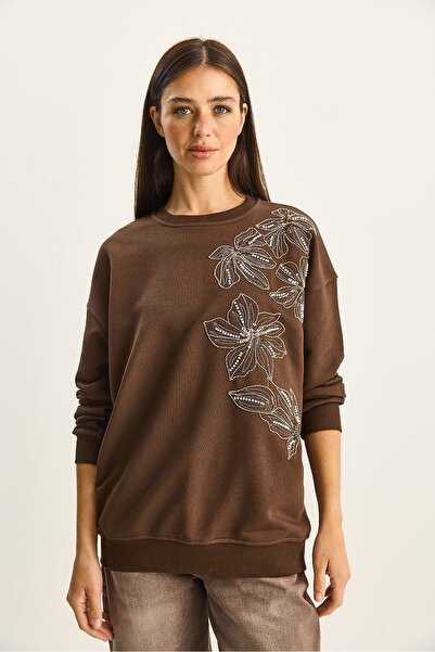 Bianco Lucci Дамска велосипедна блуза с яка, бродерия с цветя и мъниста, свободна кройка 1572 60283809