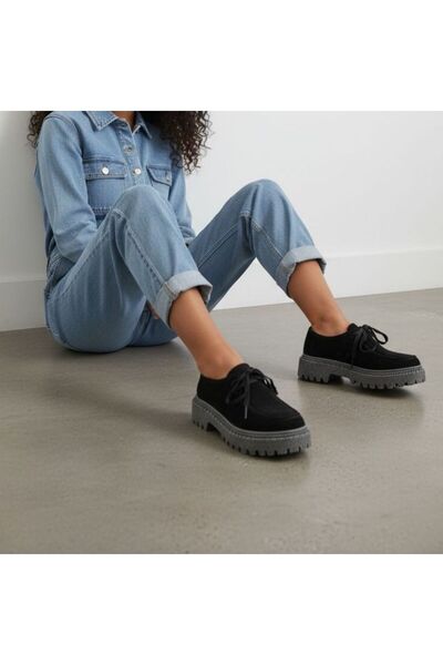 NE&VE SHOES حذاء نسائي كاجوال يومي من الجلد الطبيعي باللون الأسود مع أربطة ون...