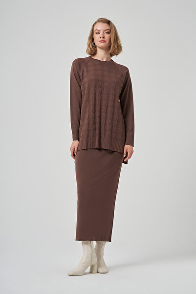 Nuss Houndstooth Pattern Mercerized Knitwear Suit with Pencil Skirt 1350 Brown