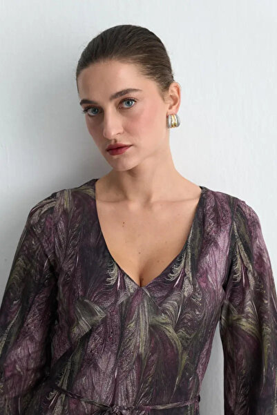 Gusto Anka Collection V-Neck Patterned Long Dress - Plum