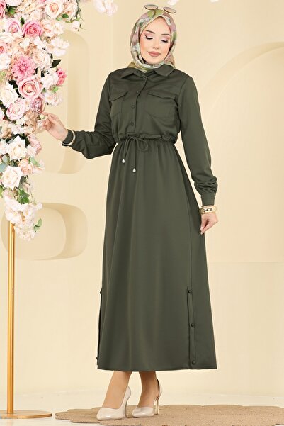 ModaMerve Gömlek Yaka Dabıl Elbise 2744SL432-MS Haki