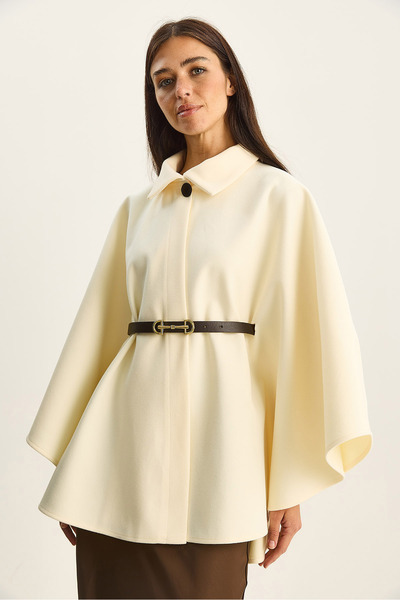 Bianco Lucci Women's Collared Single Button Detailed Belted Cashmere Poncho 9170 60283812