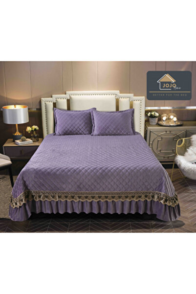 JOJO Luxury Velvet Bedspread for Double Bed 3 Pieces - Purple