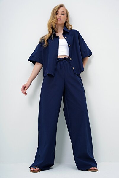 Trend Alaçatı Stili Női sötétkék vászoning és Palazzo nadrág szett ALC-X13948