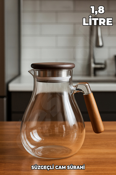 Destpak Süzgeçli Yuvarlak Cam Sürahi - Akasaya Kapaklı ve Saplı - Detoks Süra...