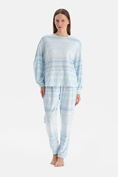 Dagi Set de pijama cu pantaloni din catifea cu imprimeu albastru deschis