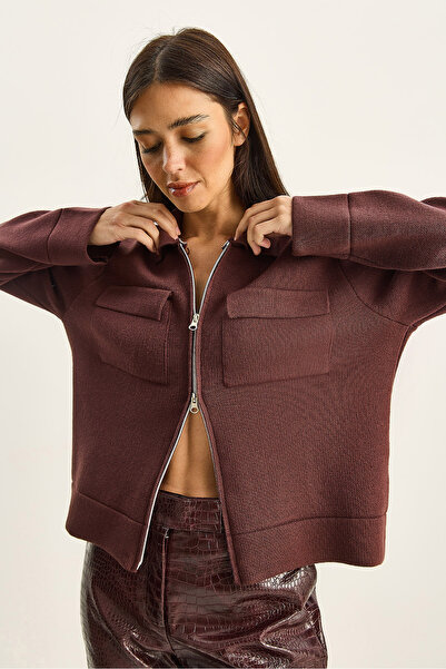 Bianco Lucci Women's Double Pocket Detailed Zipper Closure Knitwear Jacket Cardigan Th251076 60283802