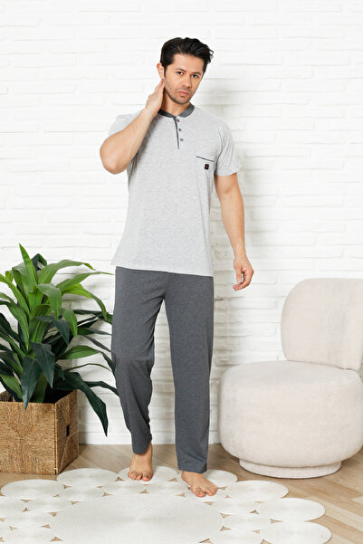 Enisena Men's 100% Cotton Pajama Set-3 Buttons-Collar Pocket 12384