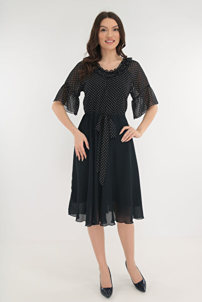 Vanessa Line RO Κομψό φόρεμα από σκούρο μπλε πέπλο και κρεμ πουά πέπλο