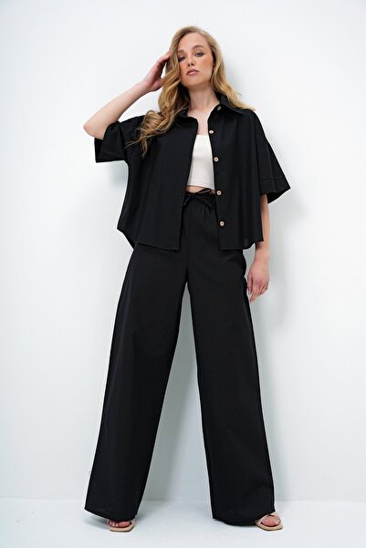 Trend Alaçatı Stili Women's Black Linen Shirt and Palazzo Pants Set Alc-X13948