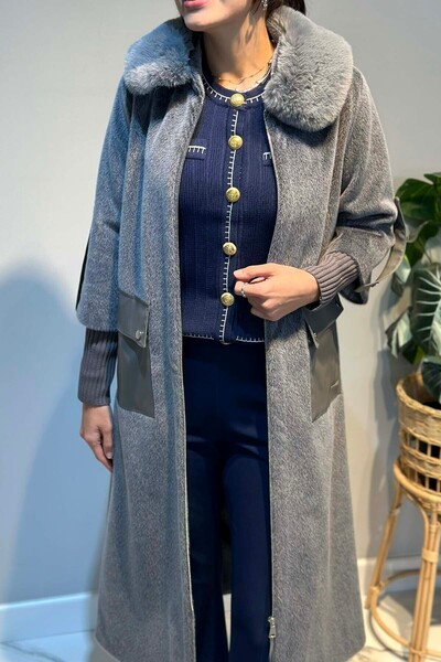 Lale Butik Leather Pocket Detail Fur Coat 2596 Gray