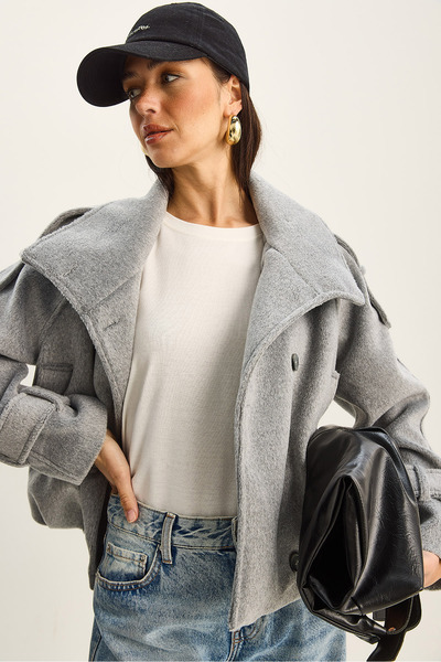 Bianco Lucci Women's Mock Neck Pocket Detailed Epaulet Lined Short Cashmere Bomber Jacket Coat 2060 60283814