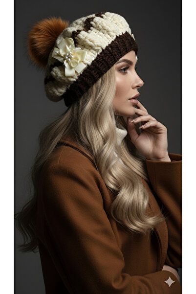 drt tasarım Beret Beige Brown Fur with Pompom and Brooch Decoration