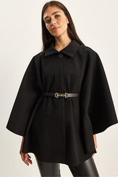 Bianco Lucci Women's Collared Single Button Detailed Belted Cashmere Poncho 9170 60283812