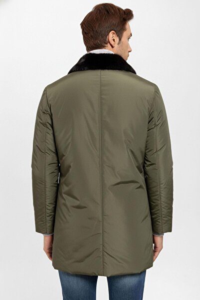 Deriderim Haki Yeşil Kumaş Hugo Yakası Kürk Erkek Kaban