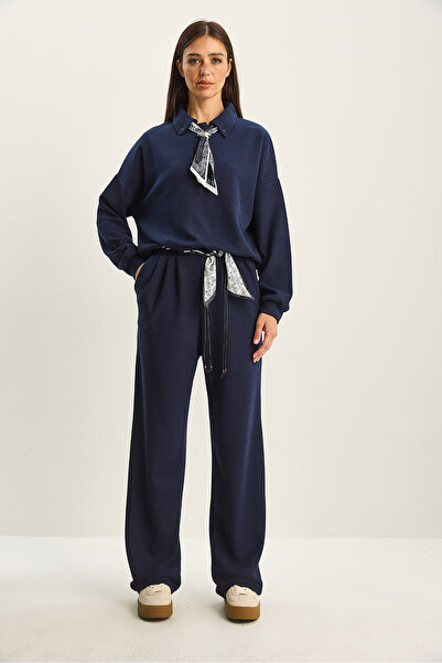 Bianco Lucci Women's Polo Neck Scarf Detailed Top and Bottom Thessaloniki Set 6958-59 60283822